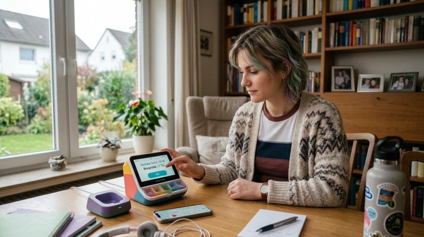 Become a Test Participant 1 Woman at home operating a medication dispenser with a touch display